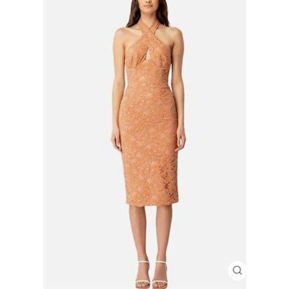 Bardot Riveria Lace Corset Bodycon Halter Dress In Rust Orange/Peach Size 8 - Picture 3 of 11